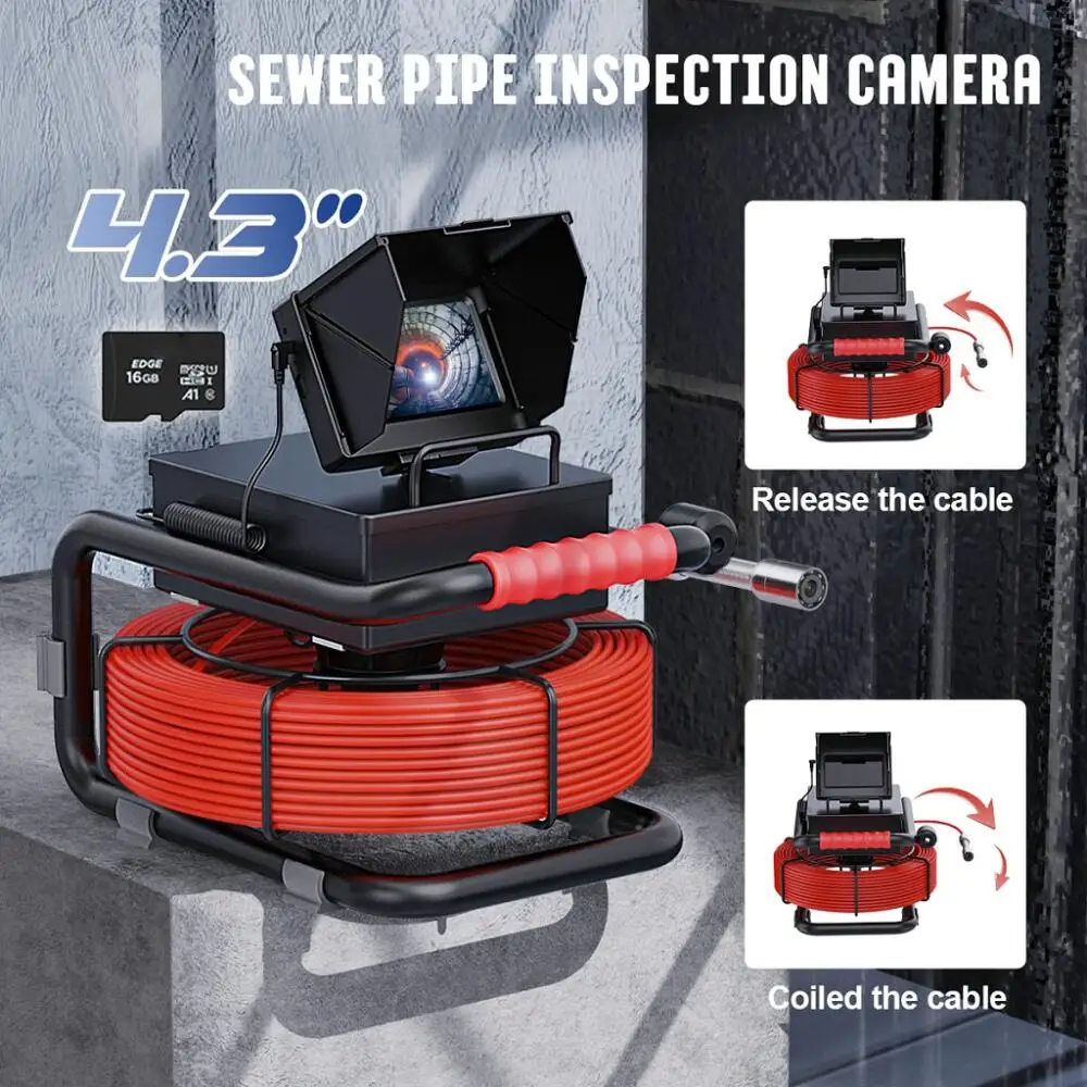 

Sewer Endoscope Camera 16GB Card DVR IP68 Drain 17MM Sewer Pipe Inspection Pipeline Industrial Borescope with 4.3 Monitor