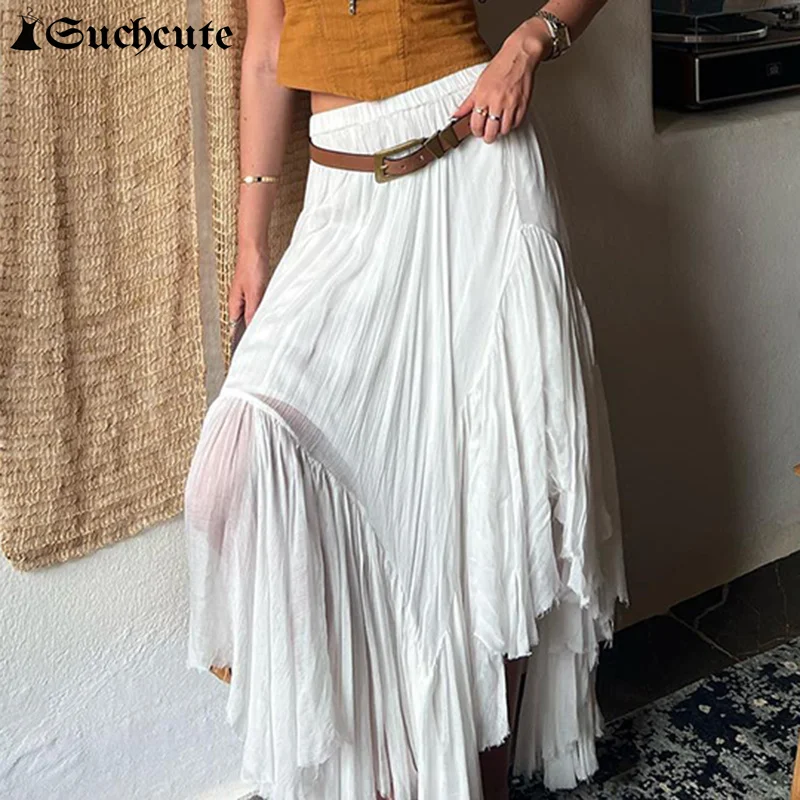 

SUCHCUTE White Mesh Fairycore Cotton Long Skirt Womens Asymmetical Elastic High Waist Streetwear Aesthetic Summer Beach Skirts