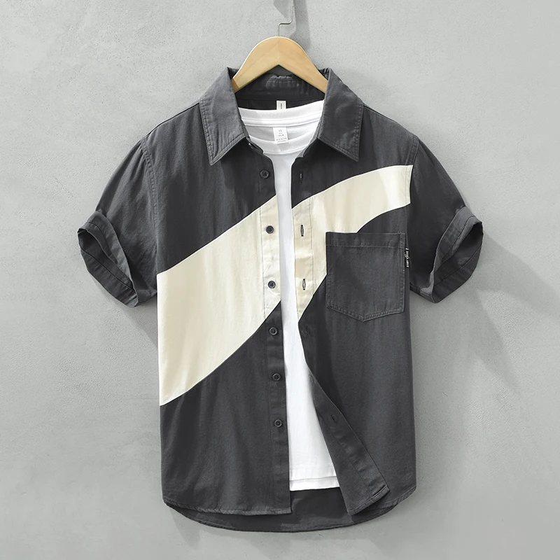 

Fashion Patchwork Short Sleeve Shirt for Men Turn-down Collar casual Designer Clothes