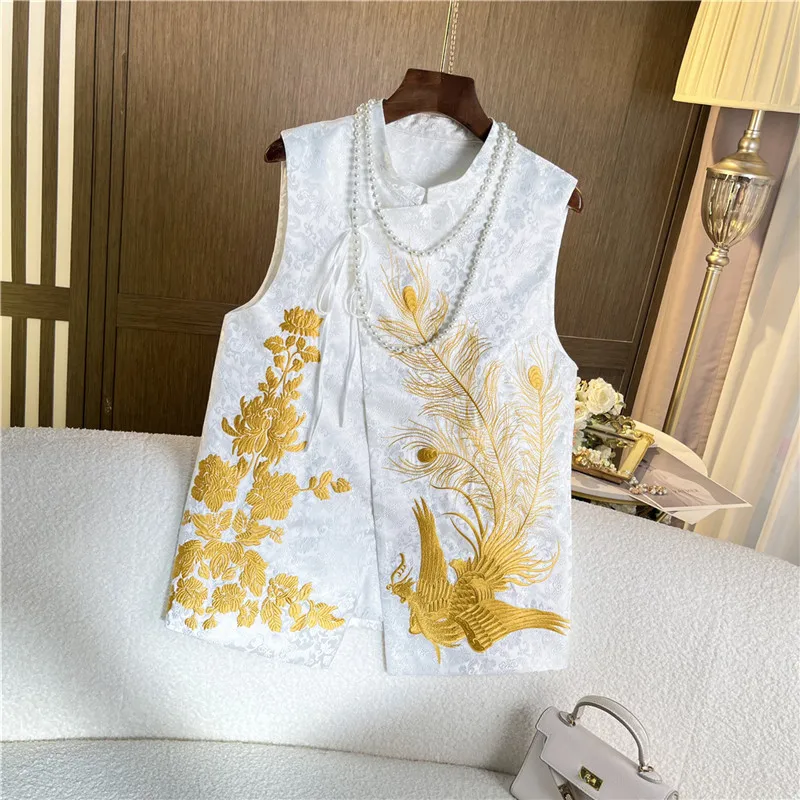 

High-end Spring Summer Vest Top Chinese Style Retro Embroidery Phoenix Elegant Lady Vest Female S-XXL