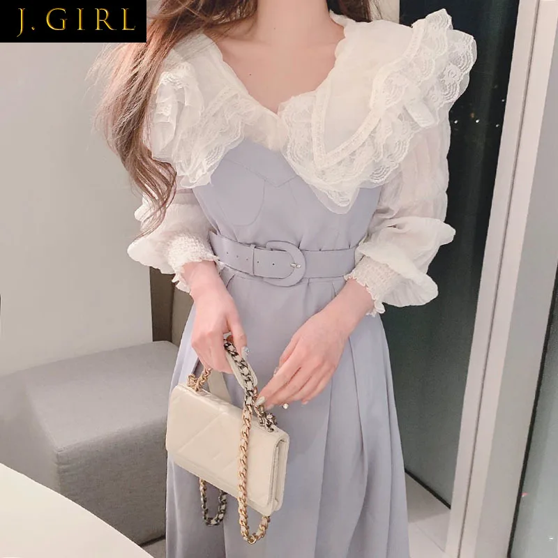 

J GIRLS Lace Crochet Puff Sleeve Shirt Sweet Age Reduce Doll Collar Women Blouse Pleated Solid Color Strap Dresses Women Spring