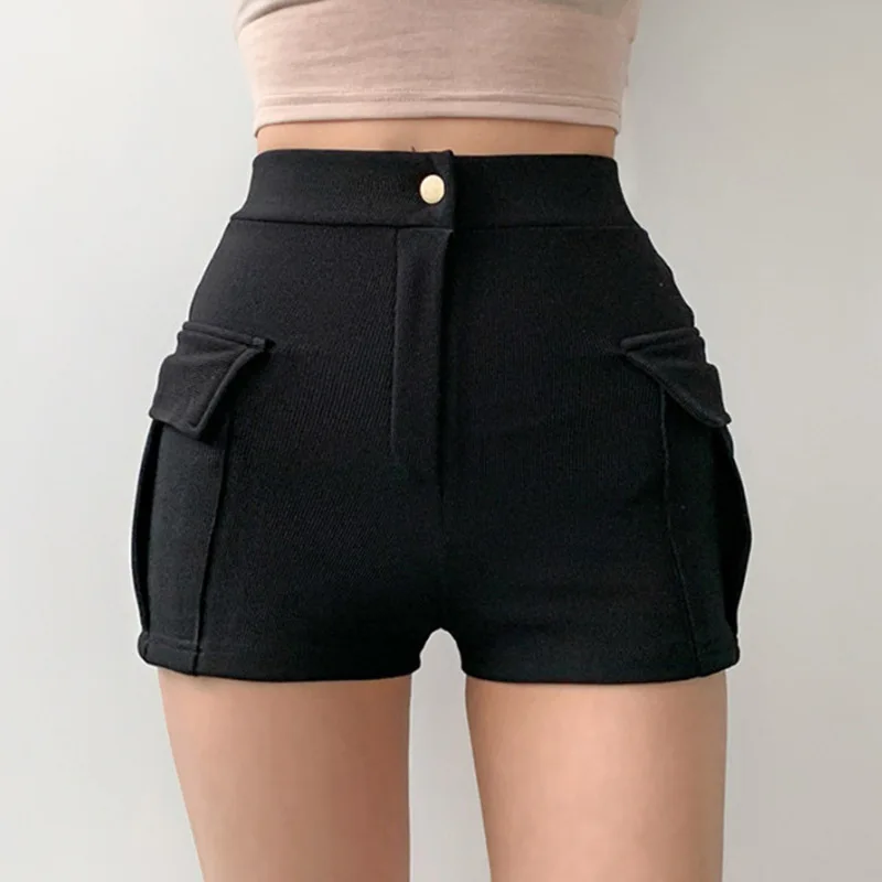 

Summer Fashion Sexy Solid Color Pocket Streetwear Skinny Elastic Shorts Trousers High Waist Y2k Casual Short Pants Women Black