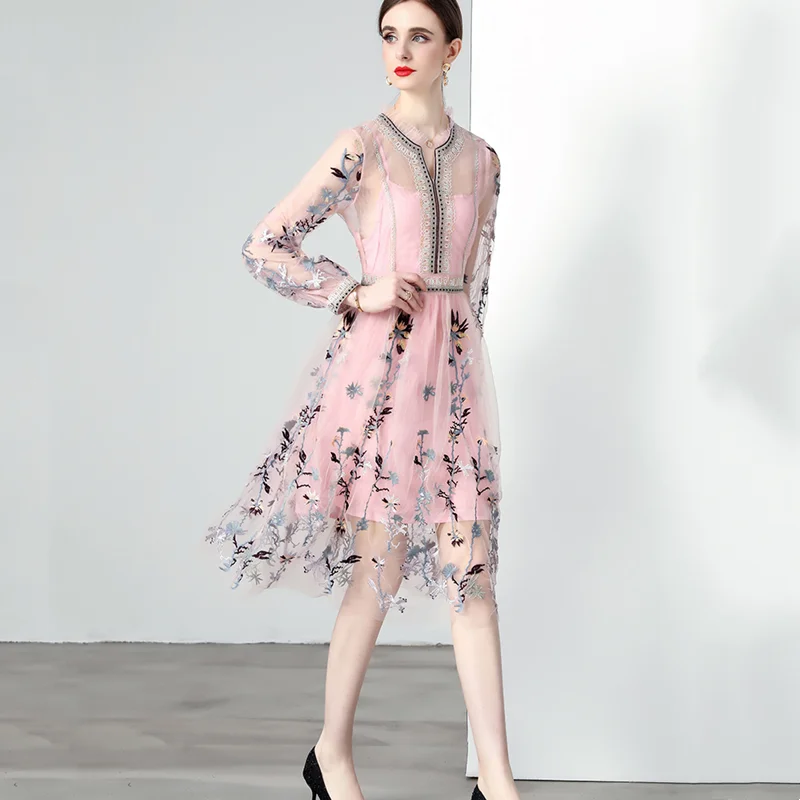 

Autumn Mesh Embroidery Floral High Waist Lantern Long Sleeve Round Neck Dress Patchwork Print Women Fashion Mid-Calf Vestidos