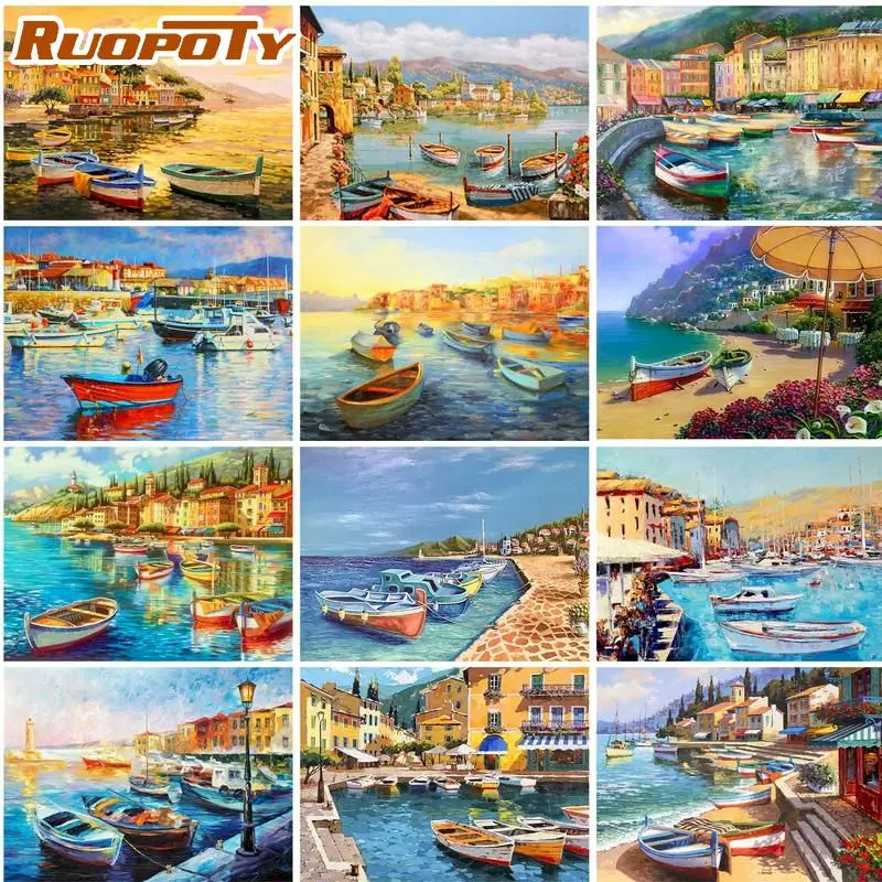 

RUOPOTY Coloring By Number Seaside Kits Painting By Number Scenery DIY Frame Modern Drawing On Canvas HandPainted Art Gift 60x75