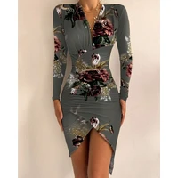 2022 new spring and autumn long sleeved v neck printed tight slit dress womens party shopping dress girl
