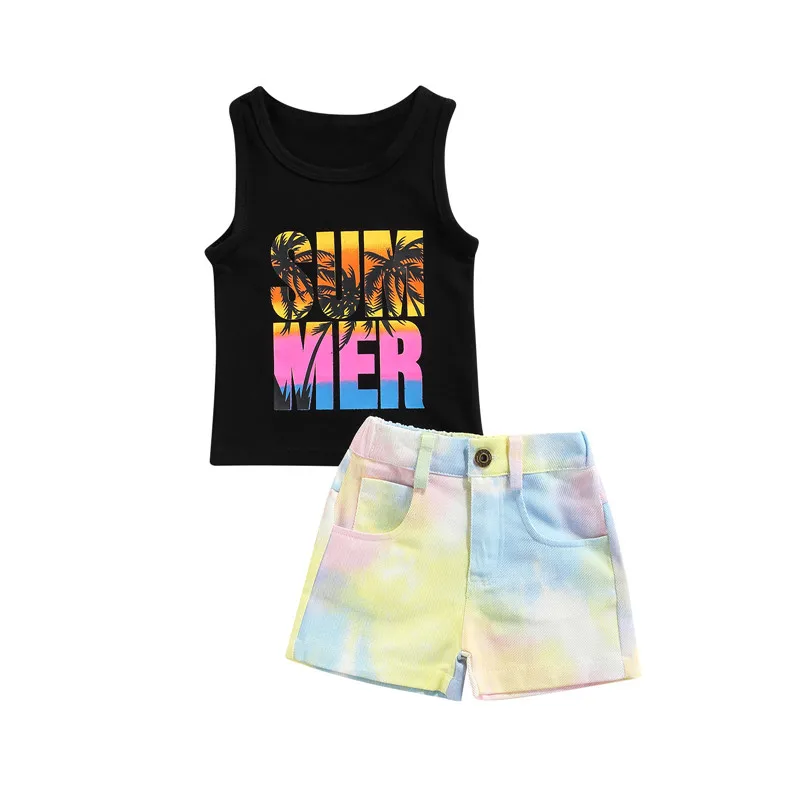 

Комплект для маленьких девочек из 2 предметов, Летний жилет без рукавов с круглым воротником и надписью и принтом кокосового дерева и цветны...