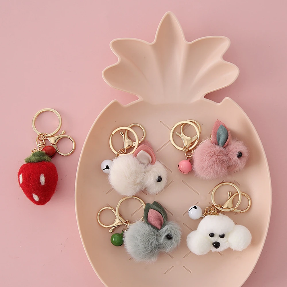 

Cartoon Plush Rabbit Strawberry Teddy Keychain Cute Animal Pendant Keyring for Women Bag Charms Accessories Car Key Holder Gifts