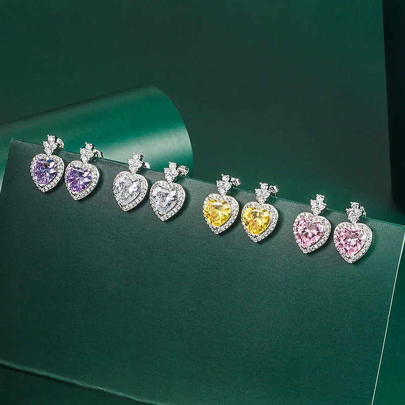 

European and American Sweet Love Pink Diamond Earrings Purple Heart-shaped Colorful Ear Jewelry Bridal Wedding High-end Jewelry