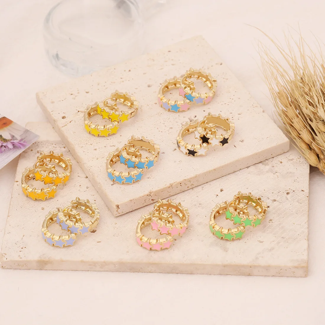 

Разноцветные масляные серьги-кольца с пятиконечными звездами, модные женские серьги из медного сплава в стиле бохо, ювелирные изделия