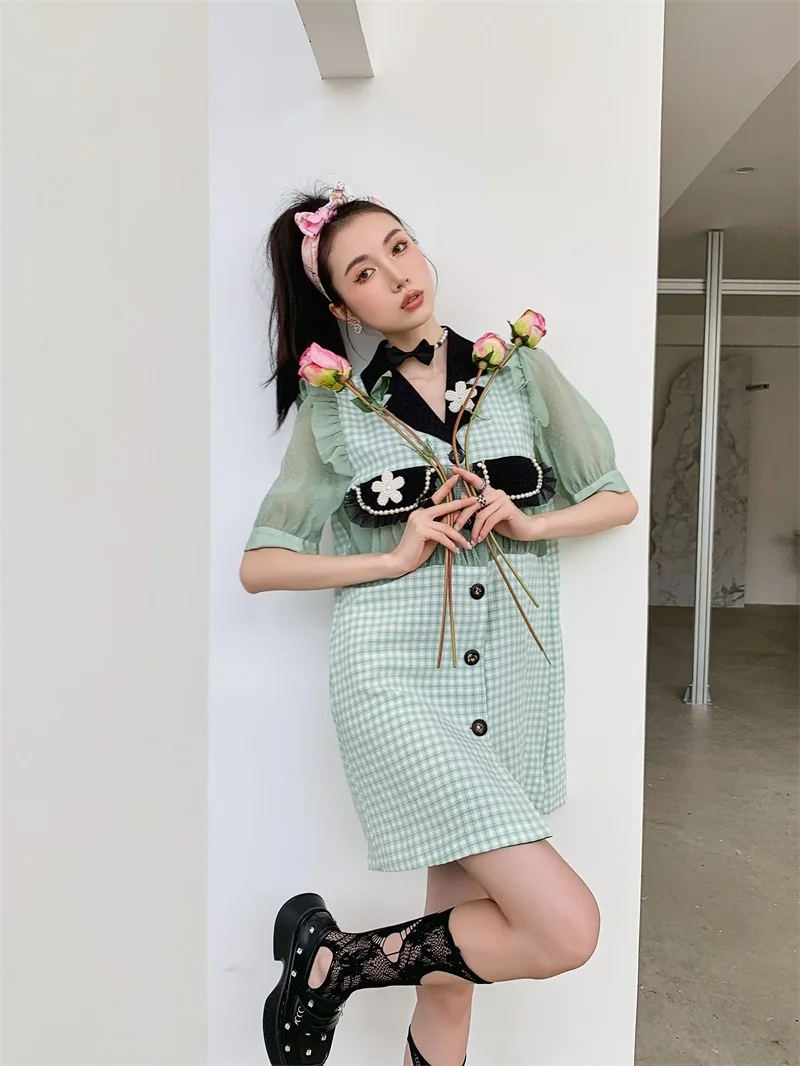 

BULOCHOVA Original Designer French Patchwork Ruffles Loose Mid-Length Dress Women Notched Single-Breasted Plaid Casual Vestidos