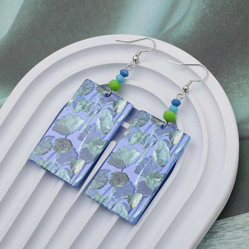 Модные акриловые серьги с принтом Green Lotus Relievo для женщин весна-лето винтажный