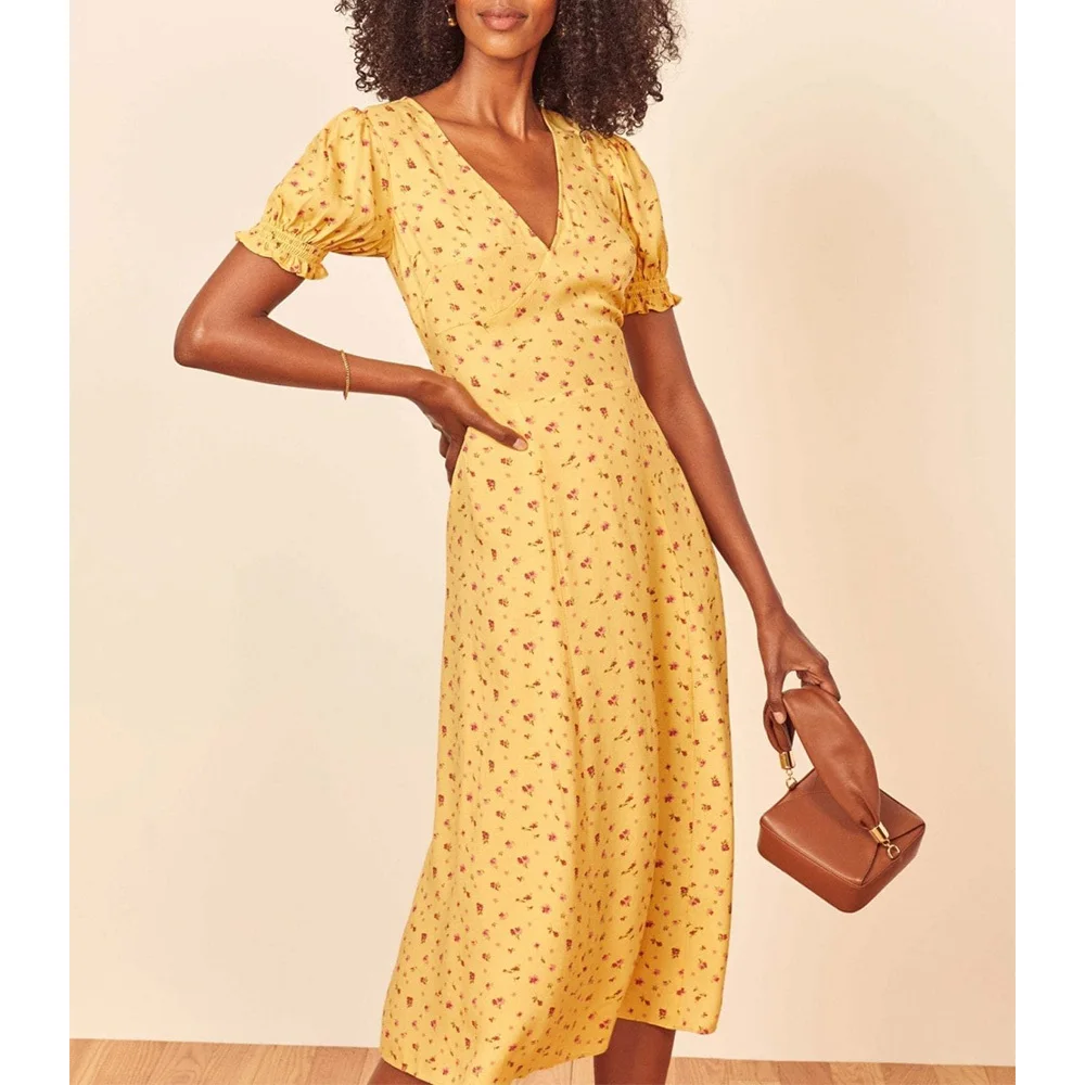 

Женское винтажное платье с V-образным вырезом, коротким рукавом-фонариком и завязкой сзади