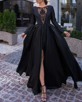 luxury black formal evening dress illusion neck long sleeve satin with slit prom party gowns robe de soiree vestidos festa