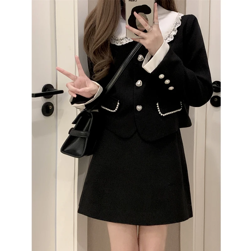 

Женский костюм-двойка с юбкой, черная короткая модная куртка с длинным рукавом и воротником «Питер Пэн», свободный костюм в Корейском стиле ...