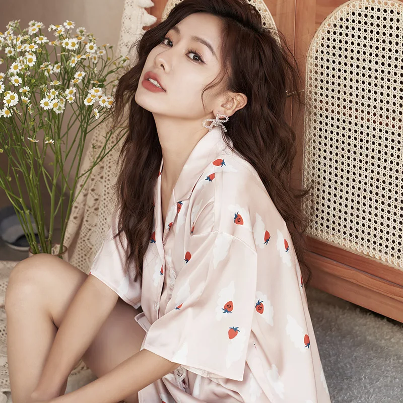 2023 New Imitated Silk Pajamas Female Korean Version Summer Short Sleeve Shorts Cute Sweet Strawberry Lapel Homewear