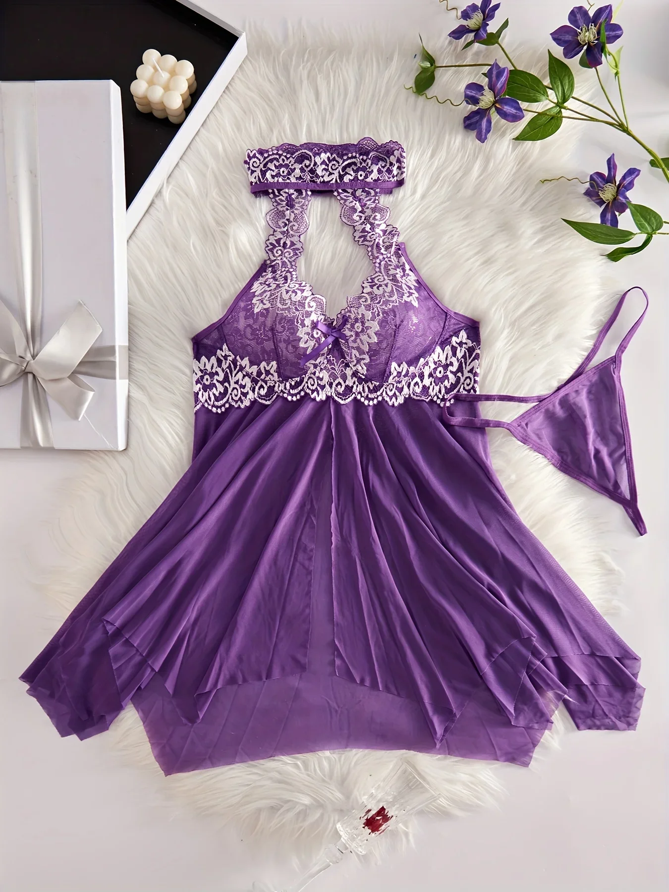 Contrast Lace Nightgown Deep V Backless Bow Slip Dress With Thong Women's Sleepwear Sexy And Doll clothes