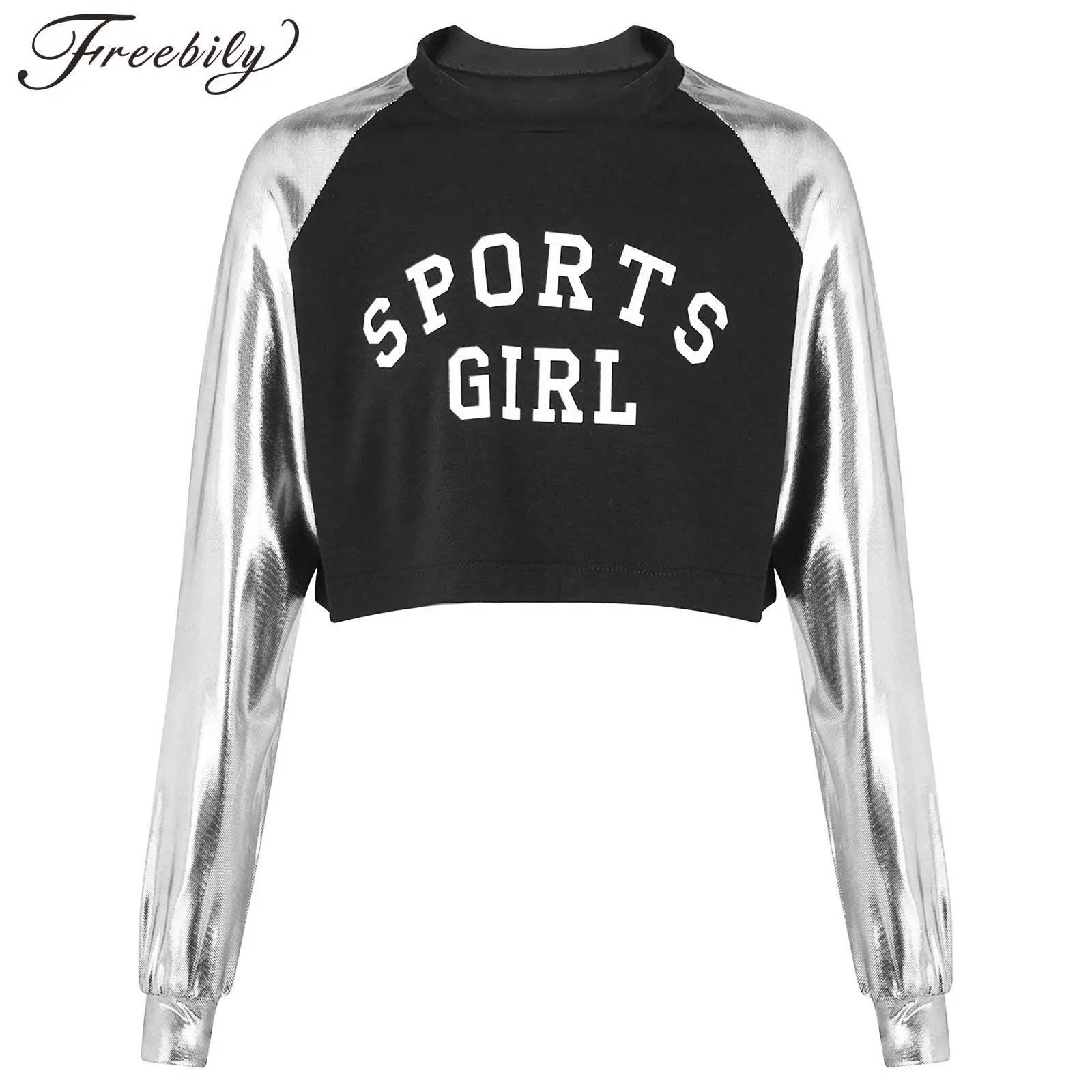 

Kids Girls Long Sleeve Jazz Dance Costume Letter Print Shiny Metallic Crop Tops Modern Dancing T-shirt for Stage Performance