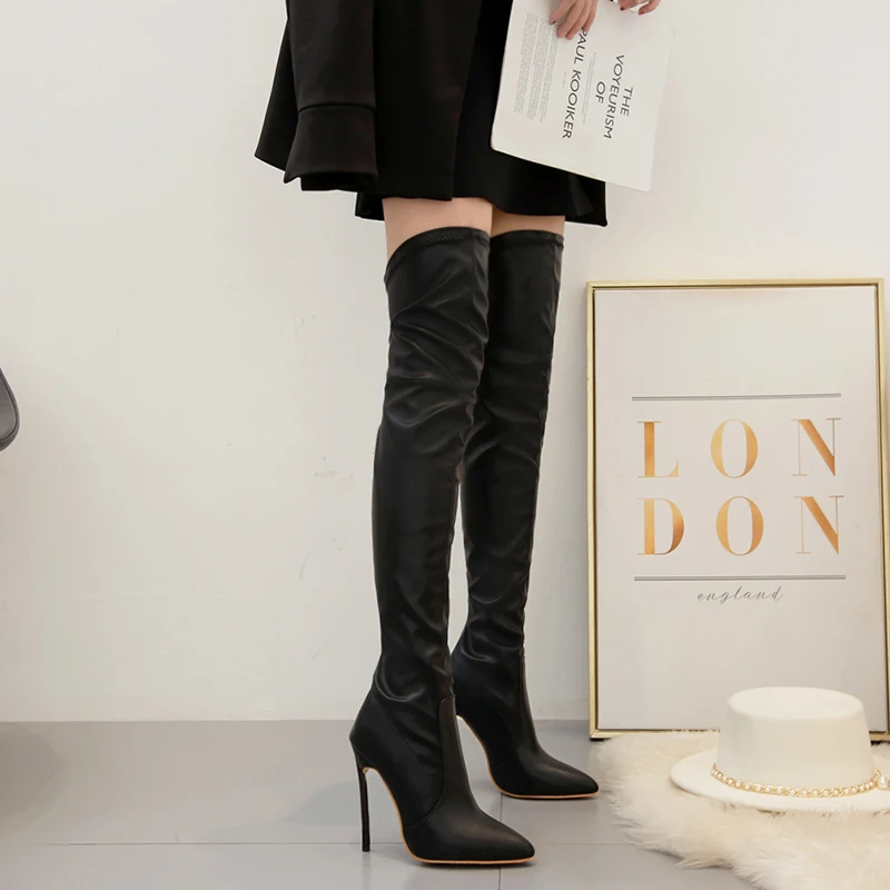 

Winter Women Long Boots Sexy Pointed Toe Women Thigh High Heels Boots Black Leather High Heel Boots Over The Knee Ladies Boots