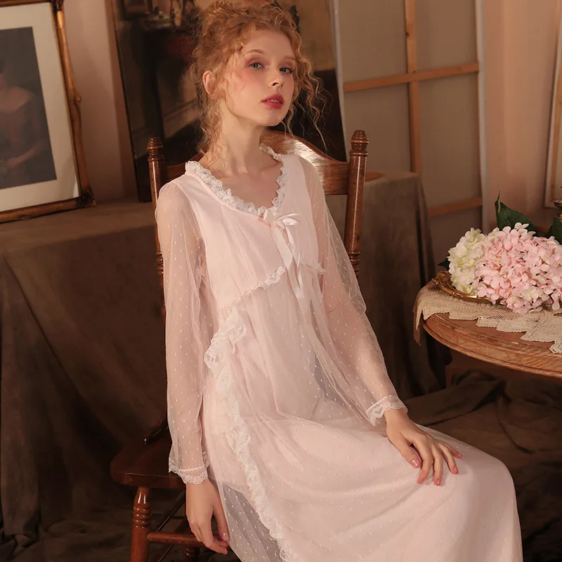 New Women's Spring Autumn Fairy Style Bowknot Lace Polka Dot Mesh Modal Lining Nightgowns Sleepshirts Sleepwear Pajama