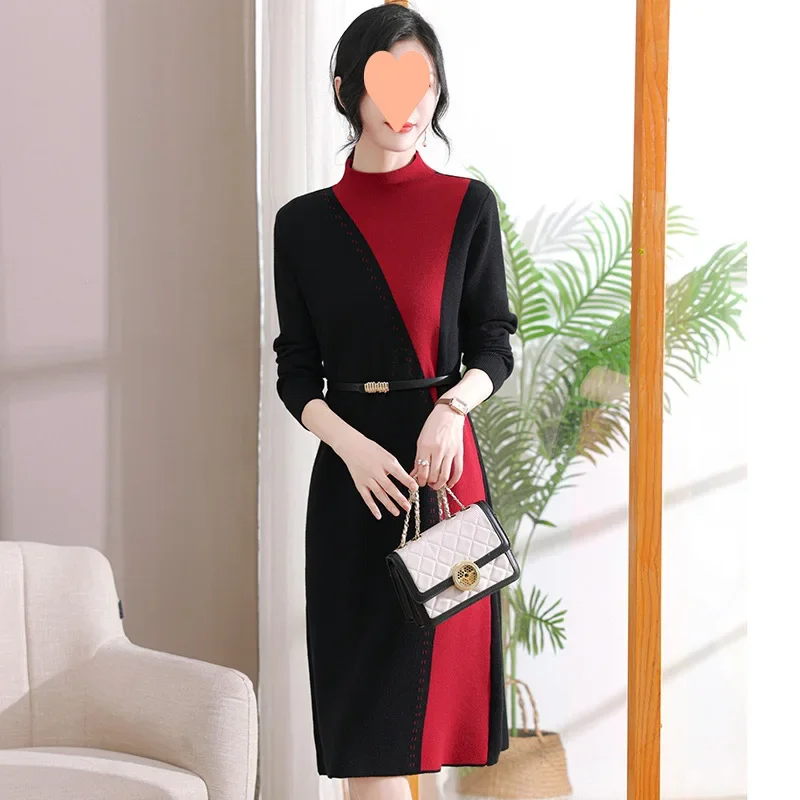 Autumn/Winter New High-End Versatile Fashionable Women's Sweater Dress Long Over-Knee Knitted Top With Belt