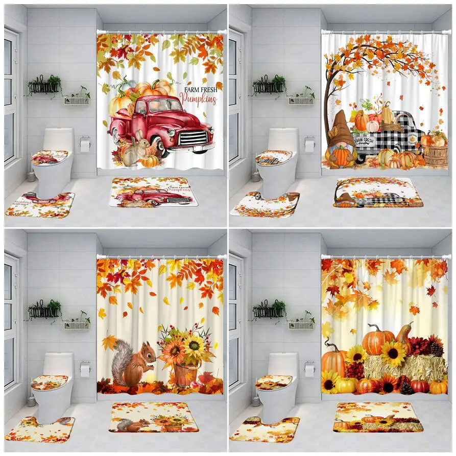 

Autumn Maple Leaves Shower Curtain Set Farm Truck Pumpkin Sunflower Thanksgiving Bathroom Decor Floor Rug Bath Mats Toilet Cover