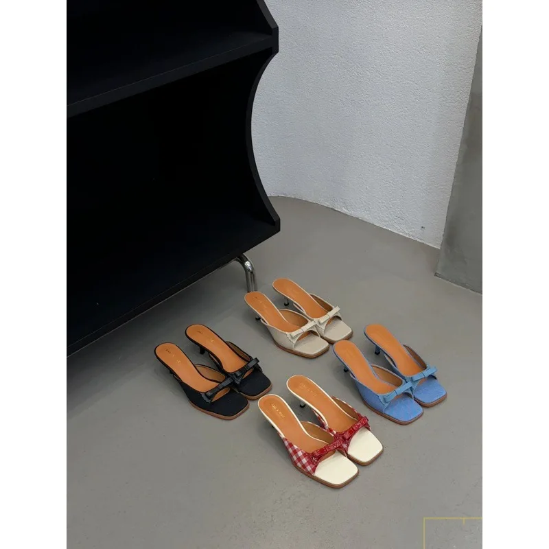 

Low Shoes Thin Heels Woman's Slippers Slides Fashion Fretwork 2023 Soft Luxury Autumn Rubber Scandals Fabric Rome Hoof Shoes Wom