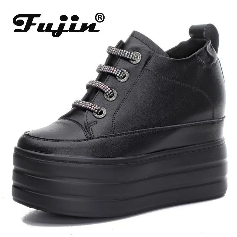 

Fujin 10cm Genuine Leather Vulcanized Lace Up Hidden Heels Autumn Chunky Sneakers Platform Wedge Women Summer Spring Bling Shoes