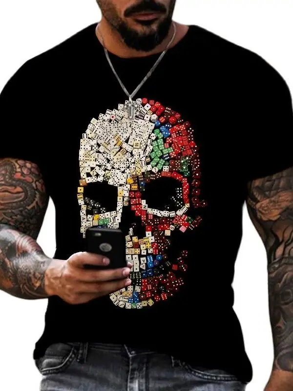 

Summer Men's Short-Sleeved Sports T-Shirt Large Size Round Neck Skull 3D Printing Casual Street Hip Hop Breathable Men Clothing