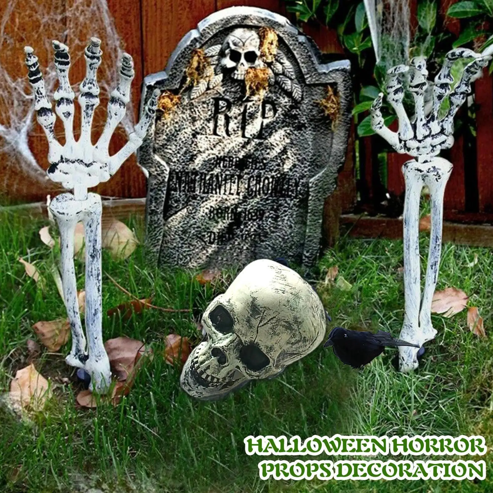 

Halloween Realistic Skull Skeleton Head Human Hand Arms For Halloween Party Home Garden Lawn Decor Haunted House Horror Props