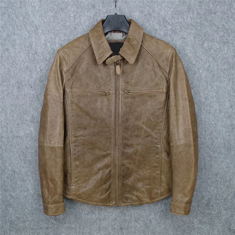 

Free shipping.Heavy oil wax used sheepskin leather garment.men high quality natural genuine leather jacket.vintage casual