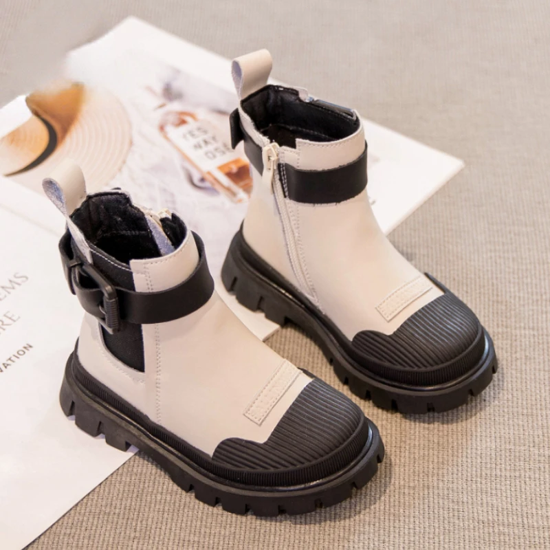 

Autumn 2022 New Children's Chelsea Short Boots Boys and Girls' Casual British Style Leather Shoes Non Slip Warm Martin Boots