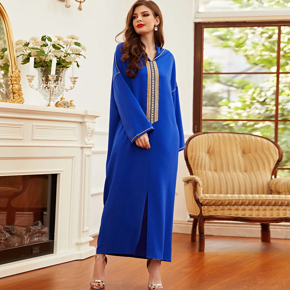 

Ba9032 Royal Blue Embroidery Hooded Muslim Robe Loose Casual Long National Style Dress dresses ladies 2022 Summer Clothes