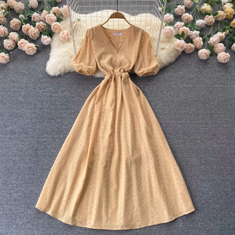 

Женское платье с вышивкой и V-образным вырезом, однотонное тонкое платье с высокой талией и коротким рукавом, D354