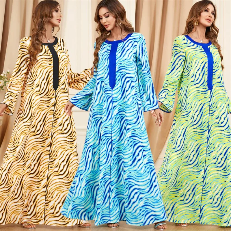 Elegant Casual Leopard Print Muslim Long Dress for Women Ramadan Eid 2023 Moroccan Jalabiya Dubai Caftan Green Long Sleeve Abaya