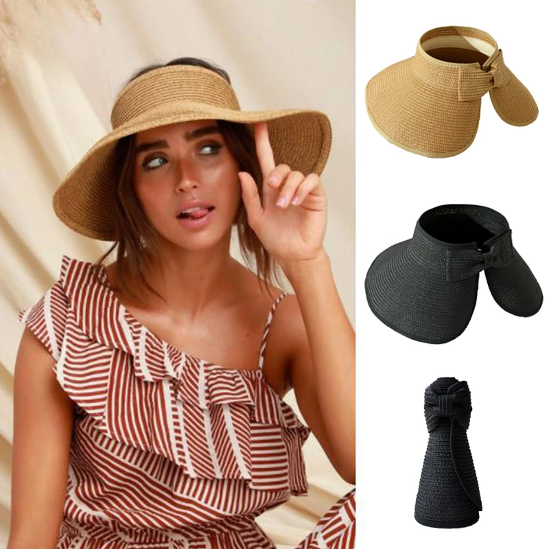 

Foldable Summer Visor Sun Hat for Women Wide Large Brim Beach Straw Hat Chapeau Femme Anti UV Sun Protection Cap