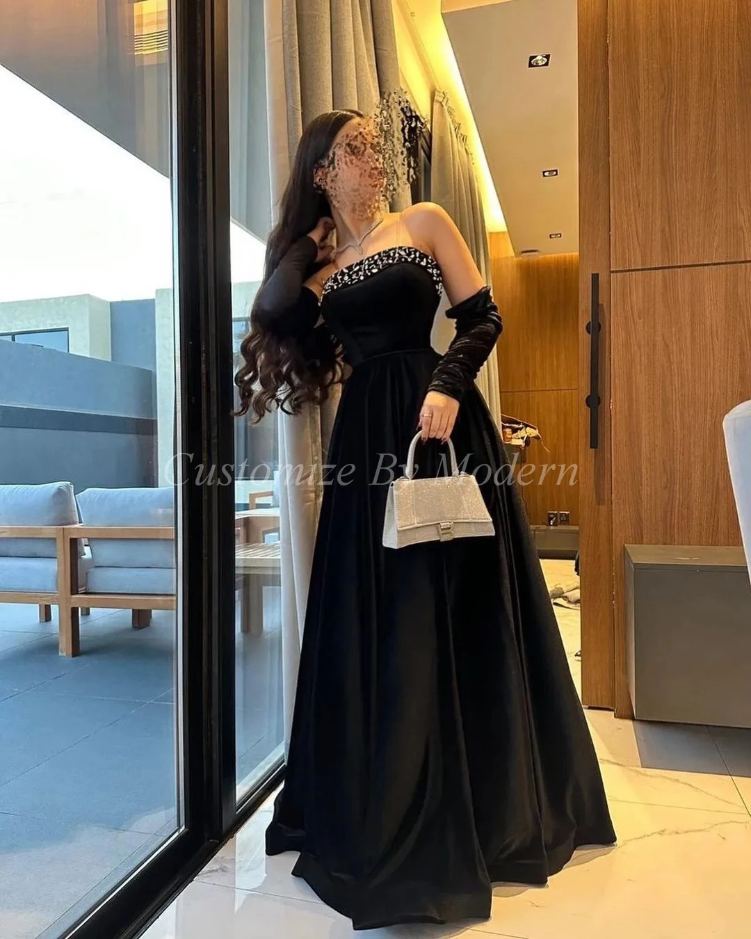 

Black Satin Long Prom Dresses A-line Strapless Beadings Floor Length Saudi Arabic Women Prom Gowns Formal Party Dress