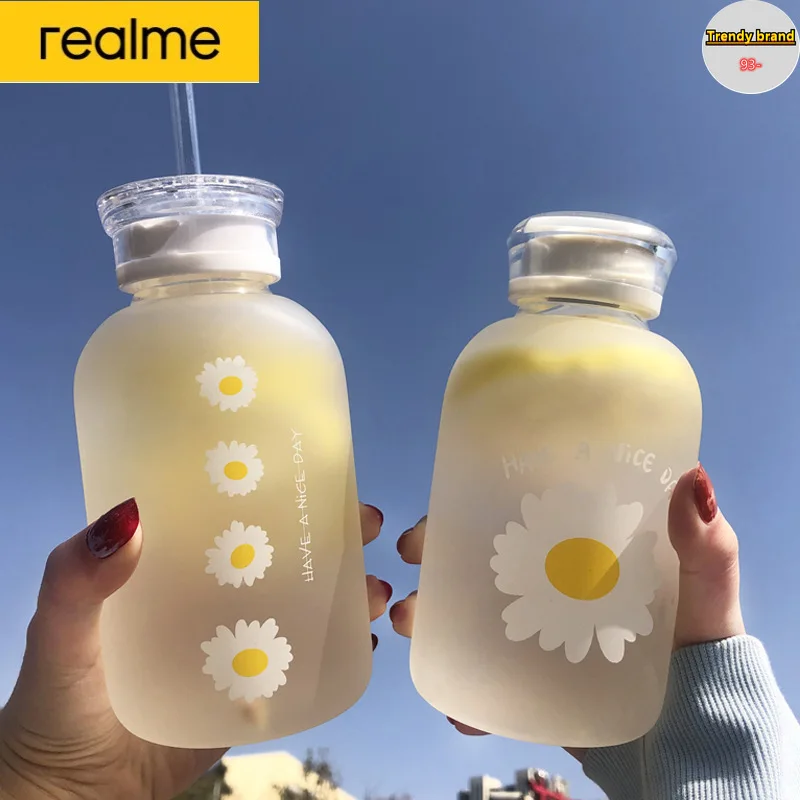 

Realme 480ml Flower Daisy Milk Juice Cute Water Bottle Frosted Glass Bottle with Straw Kawaii Drinking Bottles with Scale 2 Lids