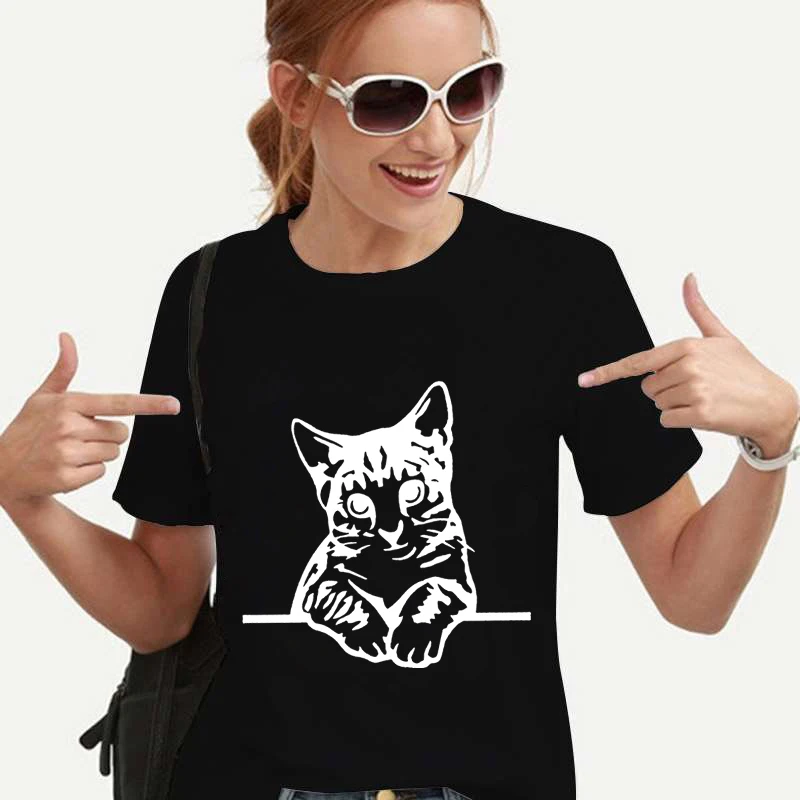 

Модная забавная черная футболка с котом, женская одежда, женские футболки с милым мультяшным графическим рисунком, футболки с коротким рукавом, женские футболки, топы