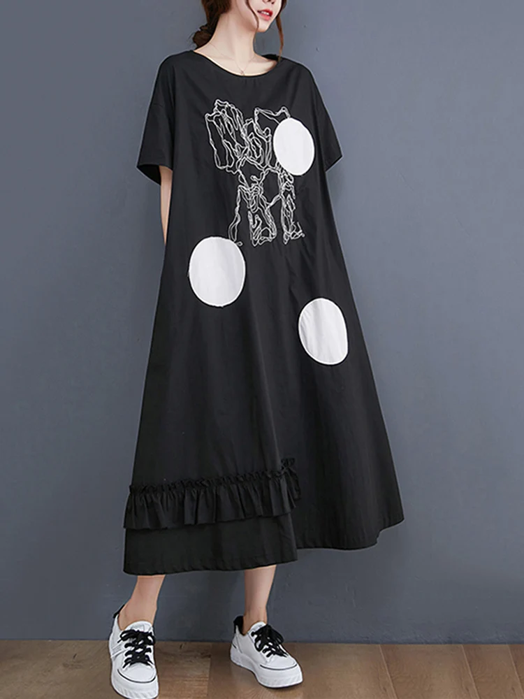 

2022 Summer New Black Polka Dot Embroidery Print Dresses For Women Short Sleeve Loose Casual Long Dress Fashion Elegant Clothing