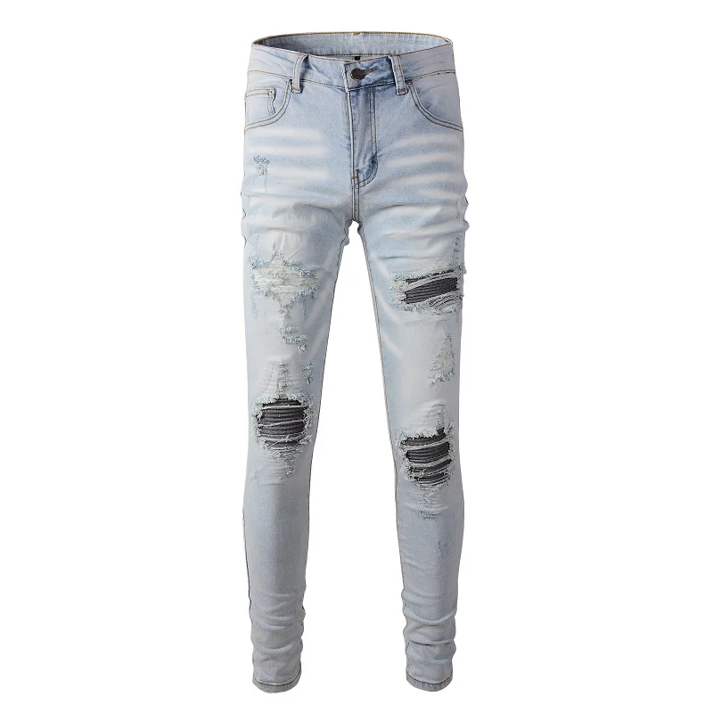 Street Fashion Men Jeans Retro Light Blue Elastic Stretch Skinny Ripped Jeans Men Patched Designer Hip Hop Brand Pants Hombre