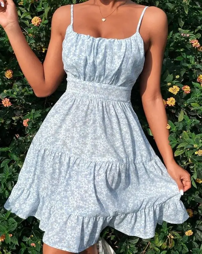 

Sweet Ruched Ruffle Hem A Line Dress Europe and America New 2023 Summer Fashion Ditsy Floral Print Spaghetti Strap Mini Dresses