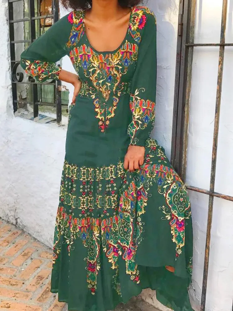 

Retro Ethnic Printed Long Dress Women Spring Casual Long-sleeve Round Neck Seaside Long Dresses Harajuku Loose Female Long Dress