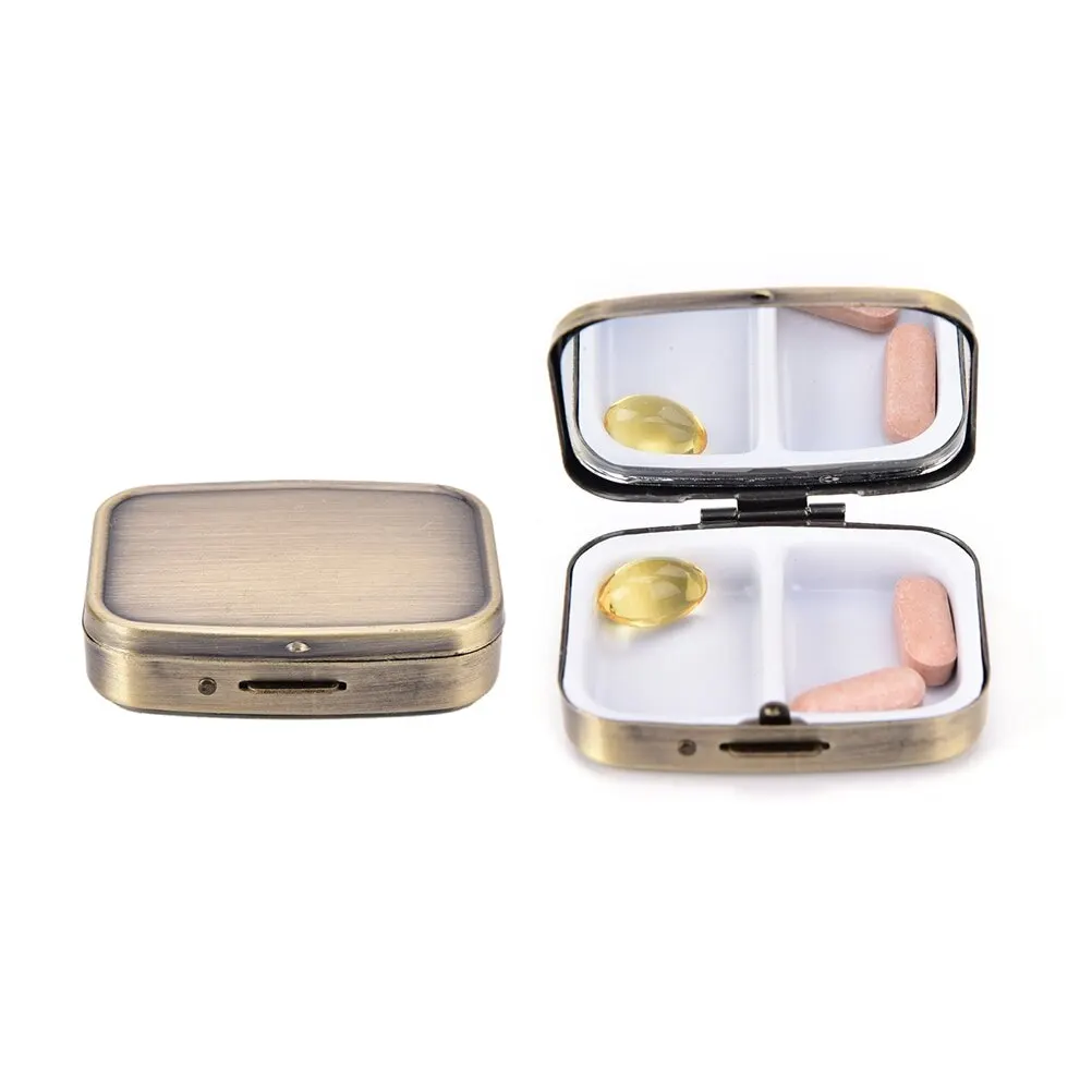 

1PC Bronze Metal Rectangle 2 Grid Moistureproof Medicine Holder Pill Storage Box 56*44*15mm Metal Pill Boxes