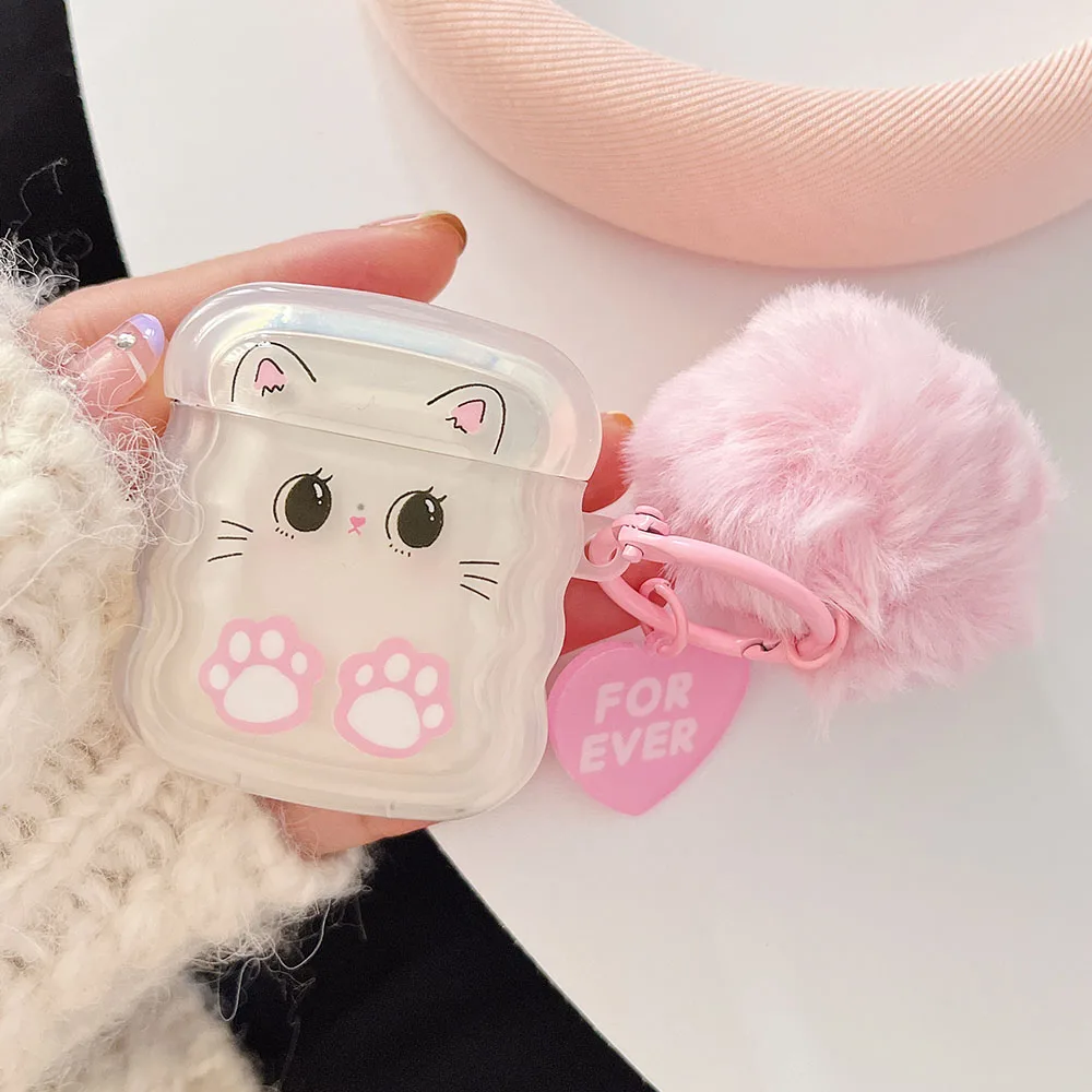 

Cute Cat Cartoon Earphone Case For AirPods 3 Protective Cover with Plush Fluffy Keychain For Airpods 1 2 Pro Pro2 Silicone funda