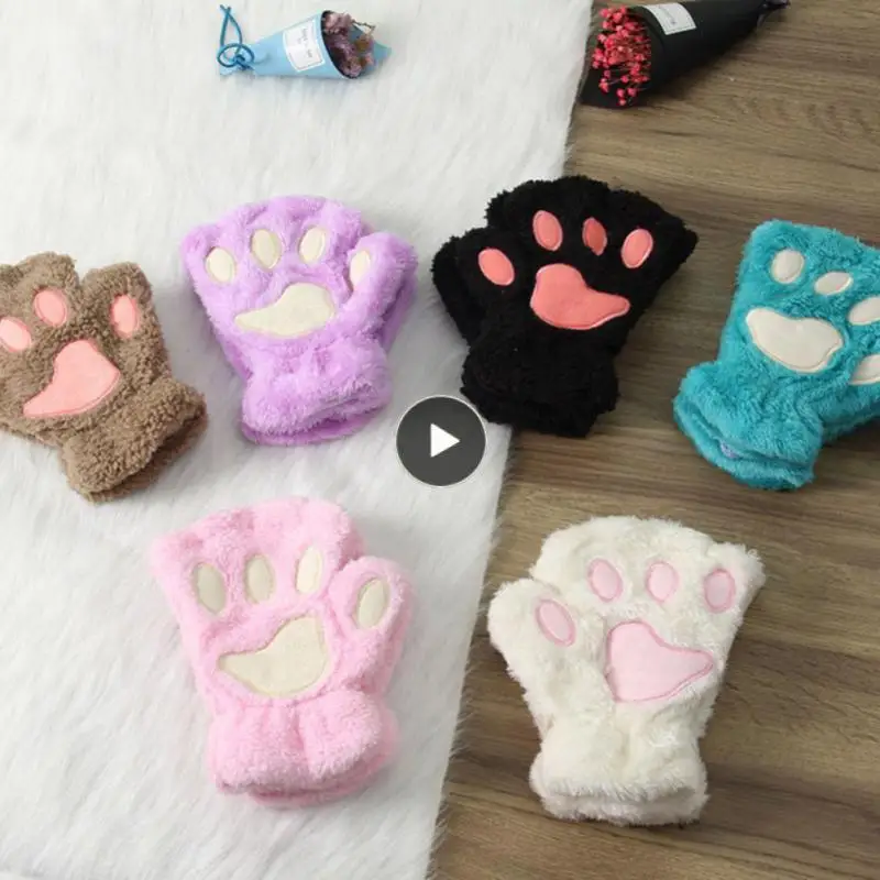 

1Pair Winter Warm Fingerless Gloves Lovely Fluffy Bear Cat Plush Paw Claw Half Finger Gloves Mitten Women Girls Warm Gift