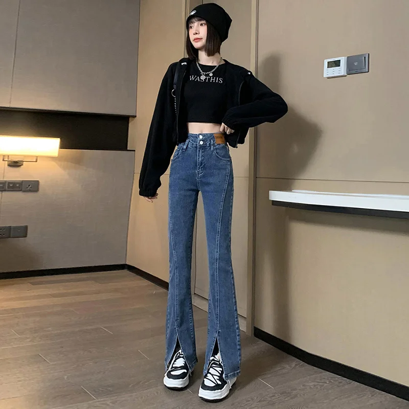 

2023 Spring American High-Street Style Flared Jeans For Women With High Waist, Slimming Effect, Design Sense And Slit Jeans