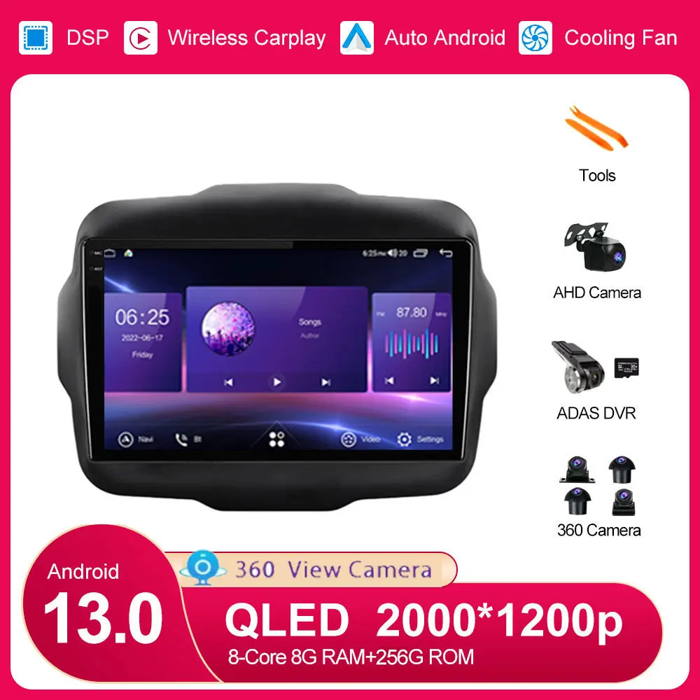 

Автомагнитола 2 Din на Android 13 для Jeep Renegade 2016, 2017, 2018, 2019, 2020, с видеоплеером, мультимедийным проигрывателем, Wi-Fi, GPS-навигацией