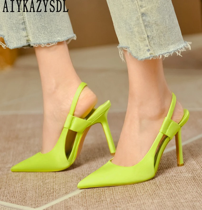 

Женские туфли AIYKAZYSDL, неоновые, флуоресцентные, зеленые туфли-лодочки с ремешком на пятке, атласные, шелковые туфли с острым носком на высоком каблуке, обувь для выпускного вечера, розовые, синие, фиолетовые