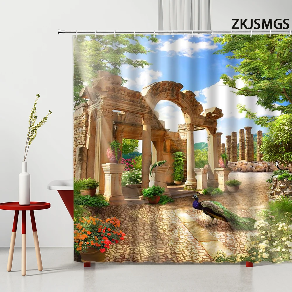 

Занавеска для душа в итальянском стиле с изображением пейзажа старого камня, арт-занавеска для садовых растений на балконе и море, декоративные крючки из ткани для ванной комнаты