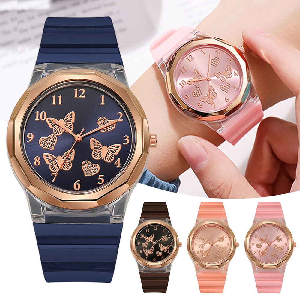 

Часы из розового золота, наручные часы с изображением бабочки и сердца, часы с силиконовым ремешком для повседневной жизни, наручные часы с ...